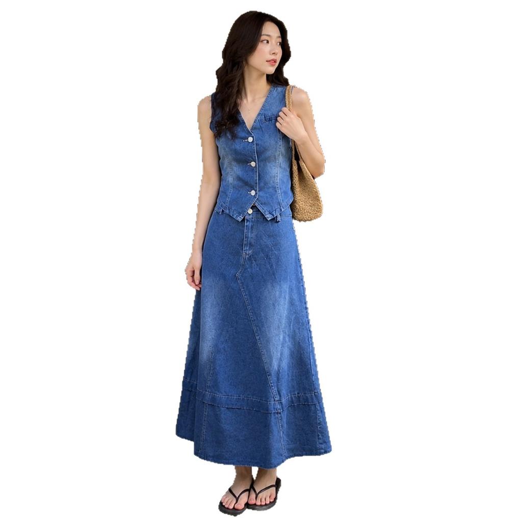 French Retro Denim Two-piece Set Women's Summer New Design Sense Niche and Thin Temperament Vest Long Skirt Set Trendy