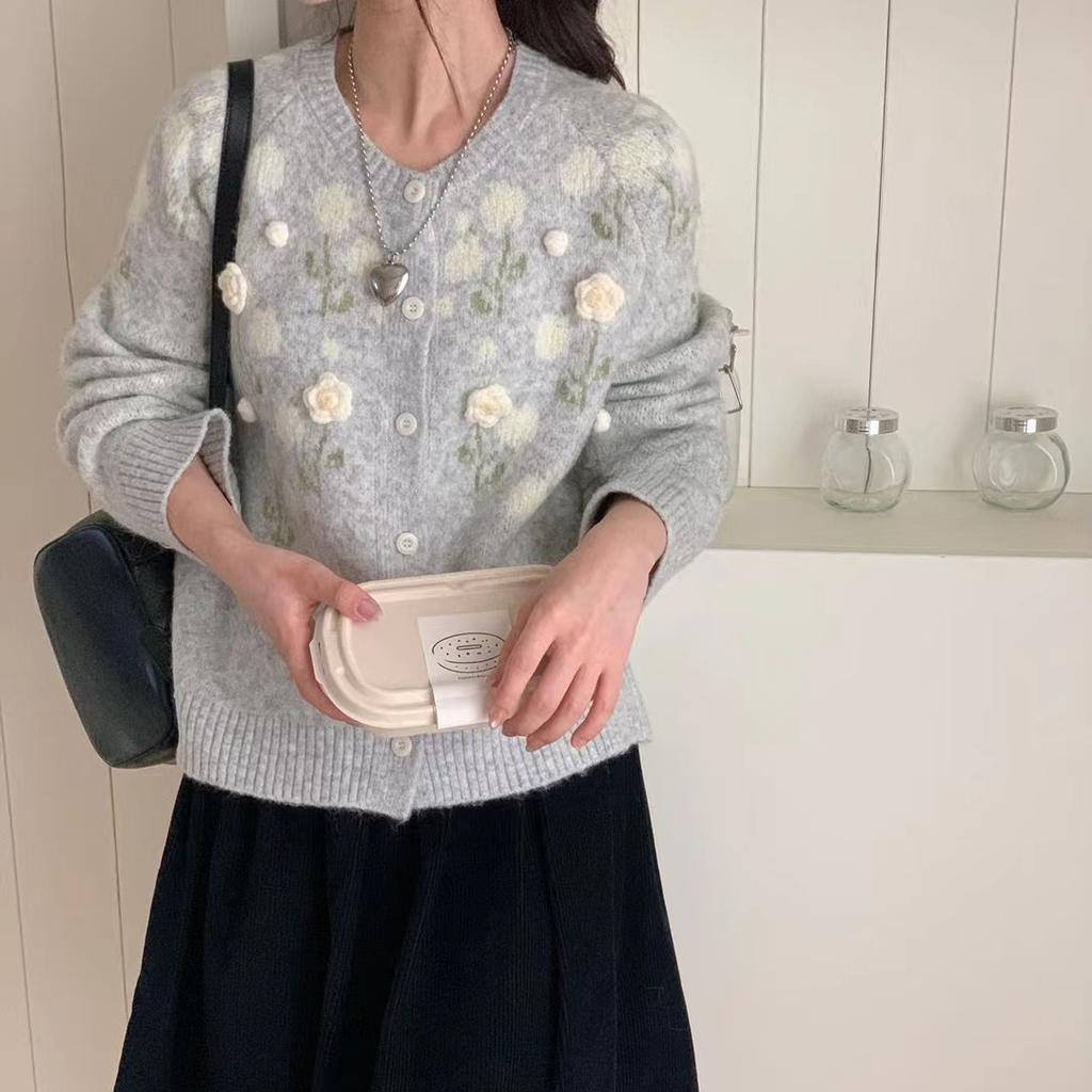 DIMANAF 2025 Flower Sweaters Cardigan Embroidered Flowers Autumn Women Print O-Neck Sweaters Knitting Loose Pink Sweater