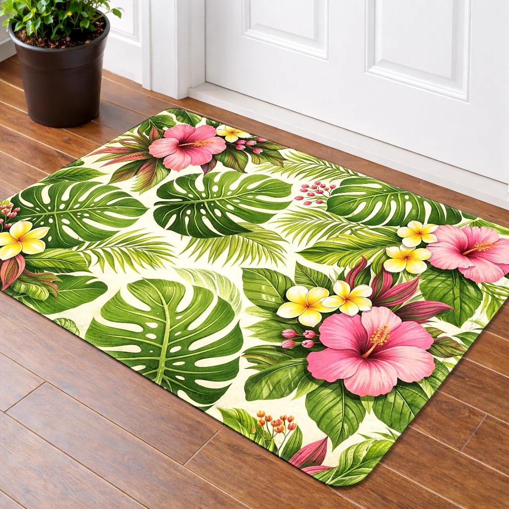 2D Flat Tropical Monstera Leaves Hibiscus Flowers Flannel Door Mat Non Slip Jungle Botanical Rug ForEntryway Bathroom FloorDecor