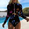 Women Long Sleeve One Piece Swimsuit Zip Front Flower Smudging Print Rash Guard Surfing Bathing Suit