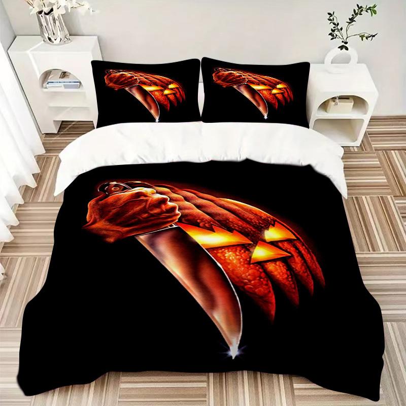 Pumpkin Carving Halloween Horror Bedding Set  Comforter Cover Gift for Bedroom,Includes 1 Cover and 2 Pillowcases, No InsertB256