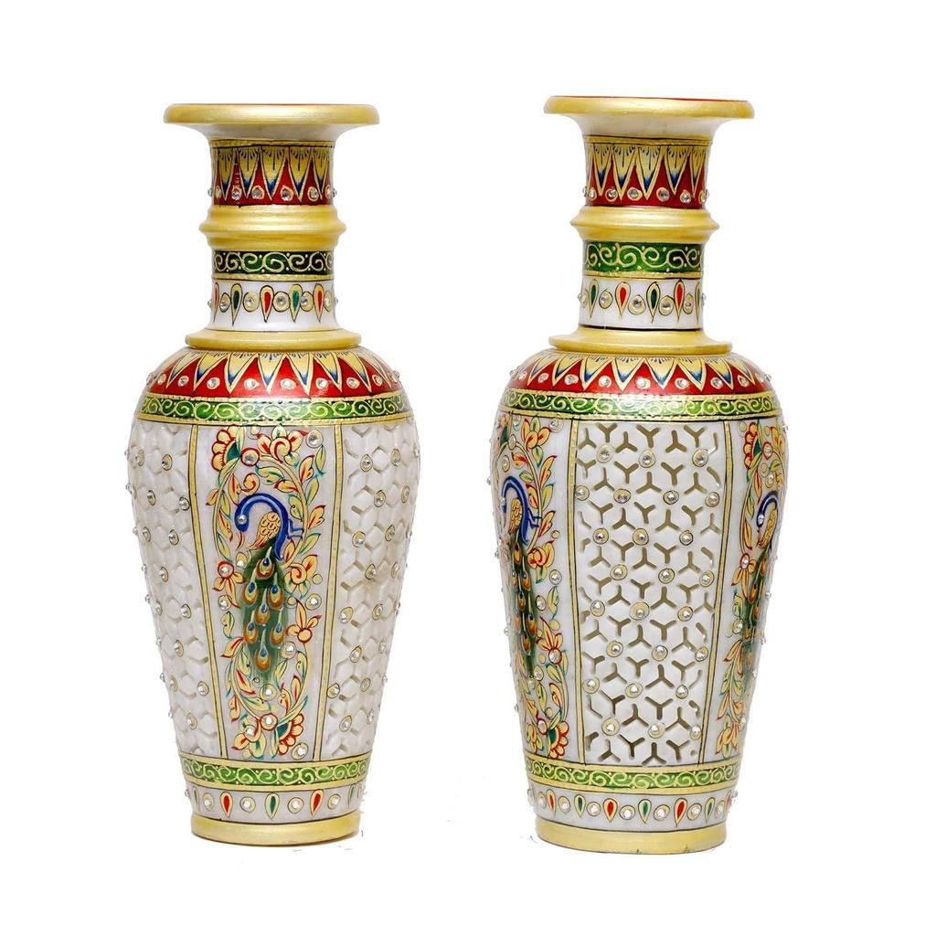 Designer Decorative Marble Flower Vase | Round Shape Peacock with Feathers Showpiece Vases for Home Decoration