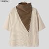 INCERUN Summer Men Stand Neck Short Sleeve Patchwork Casual Loose T-shirts Tops