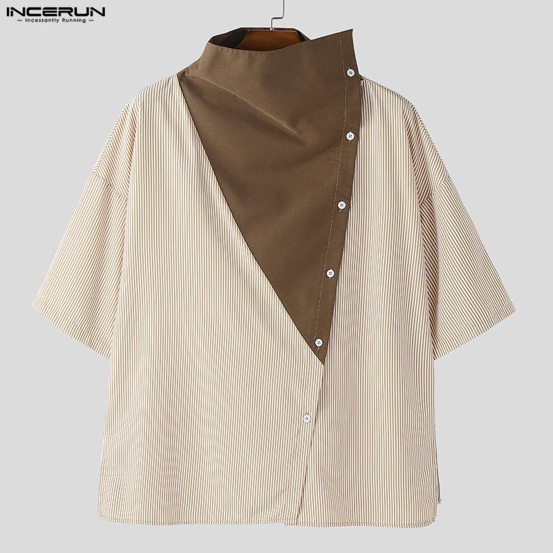 INCERUN Summer Men Stand Neck Short Sleeve Patchwork Casual Loose T-shirts Tops