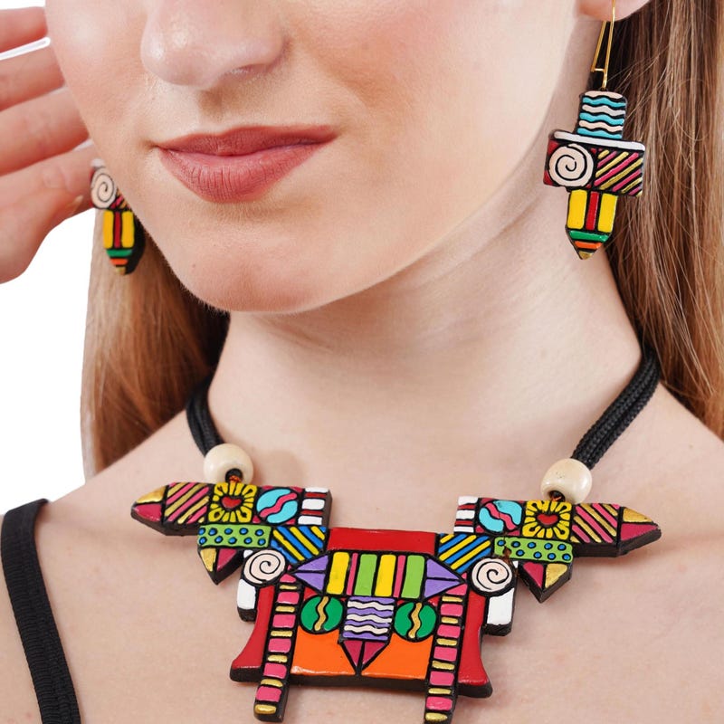 

Handmade Terracotta Jewelry Set: Colorful Pencil-E...