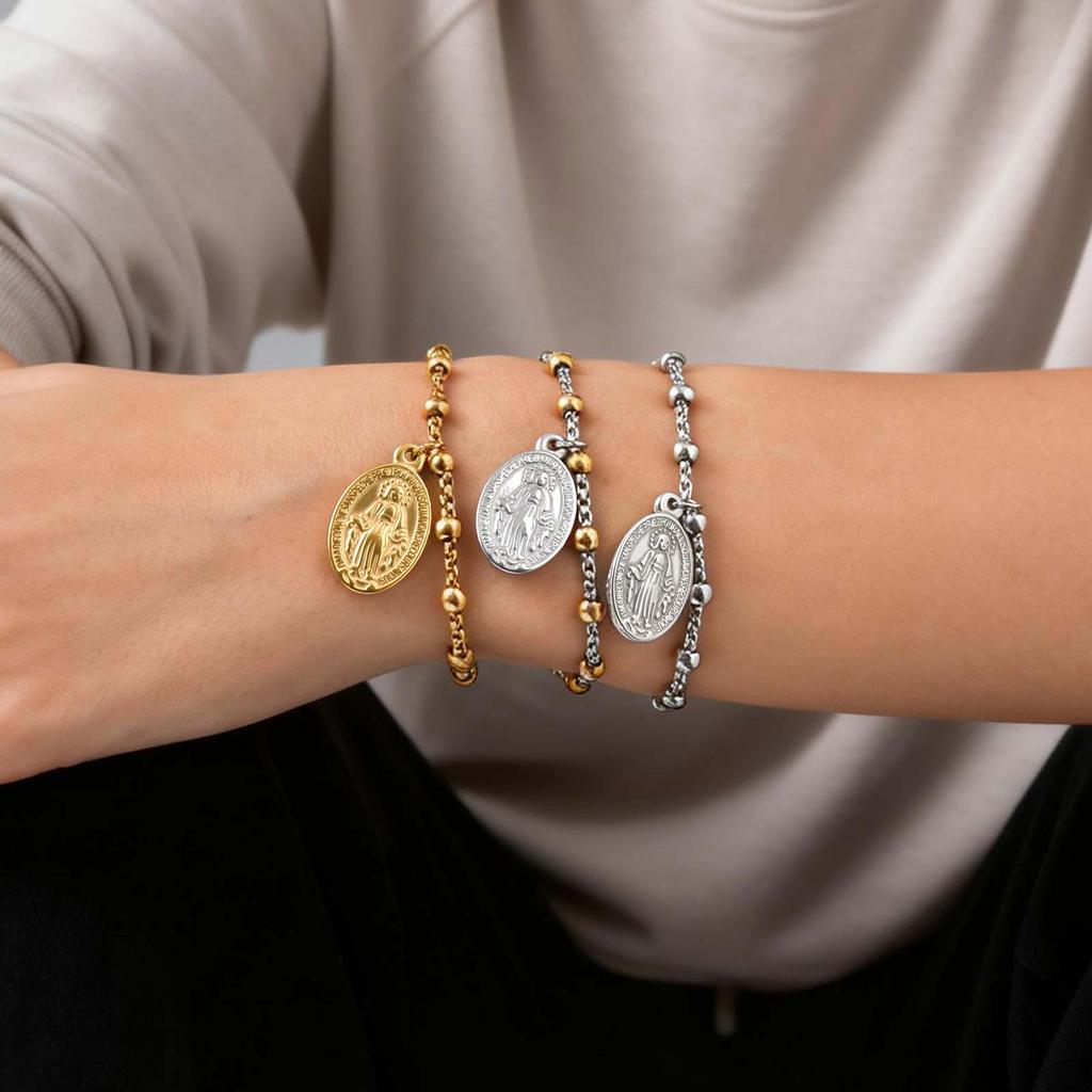 Religious Jesus Cross Rosary Bracelet for Women, Stainless Steel Virgin Mary Charms Bracelets Gold Plated Prayer Jewelry