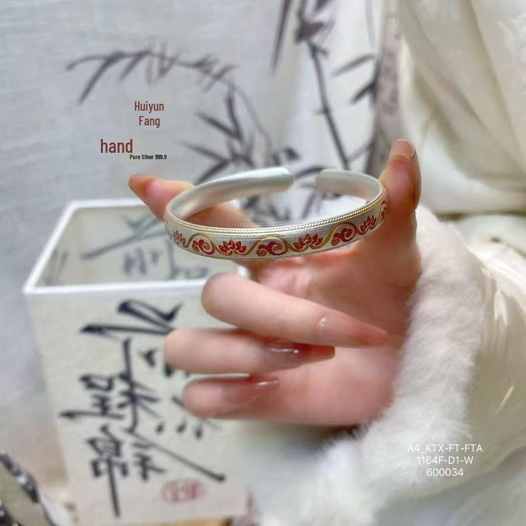 

Sterling Silver S999.9 Red Lotus Cloud Open Bangle for Women - Elegant Christmas Gift for Girlfriend or Wife Pure Silver 999.9