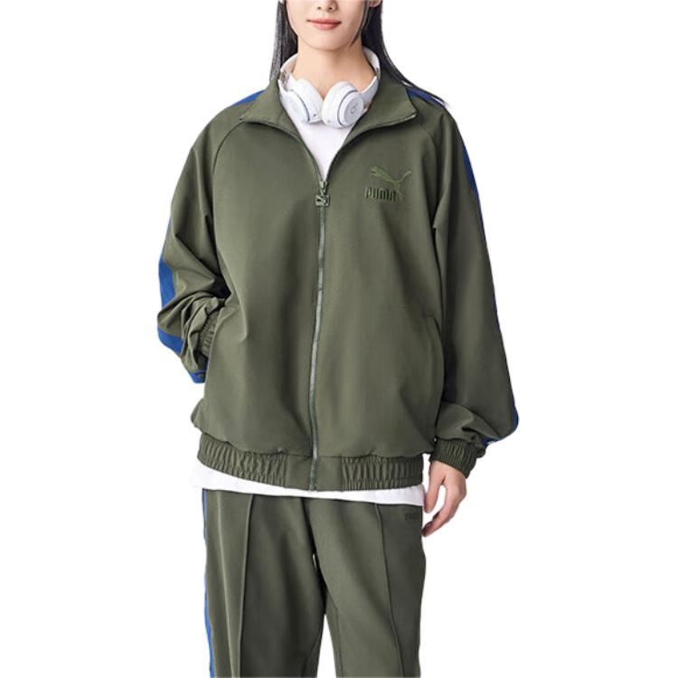 Puma T7 Logo Baskılı Desenli Günlük Fermuarlı Dik Yaka Retro Renk Bloklu Ceket Unisex Ceket Ordu Yeşili 628203-76