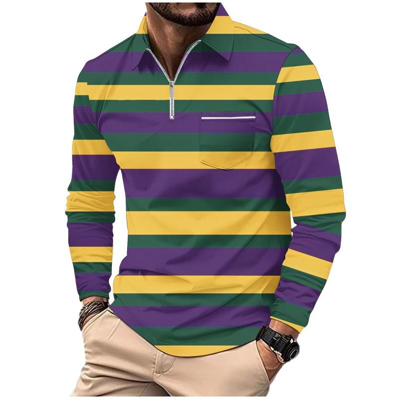 Men's Printed Polo Shirt with Zipper Pocket Sports Long Sleeved Polo Shirt