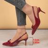 Large Size Wine Red Pointed Toe High Heels Summer New One Strap Butterfly Knot Thin Heel Empty Back Sandals PU Leather Rubber So