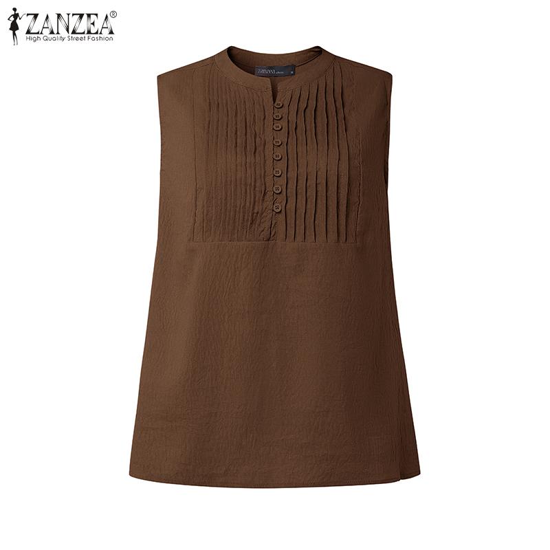 

ZANZEA Women Summer Sleeveless Pleated Buttons Up Casual Tank Tops 5XL коричневый