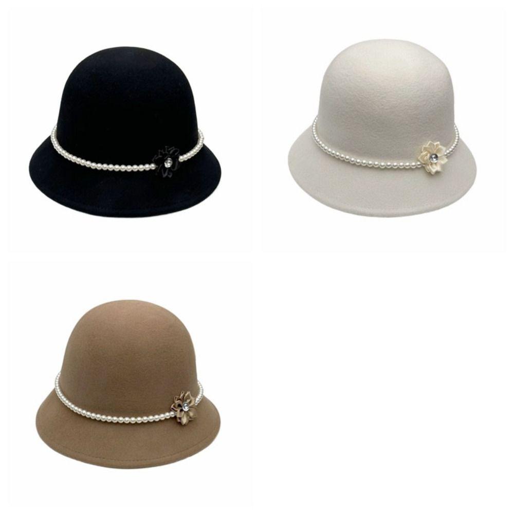 Solid Color Flower Topper Hat Pearl Woolen Bucket Hat Elegant Fisherman Hat  Girl