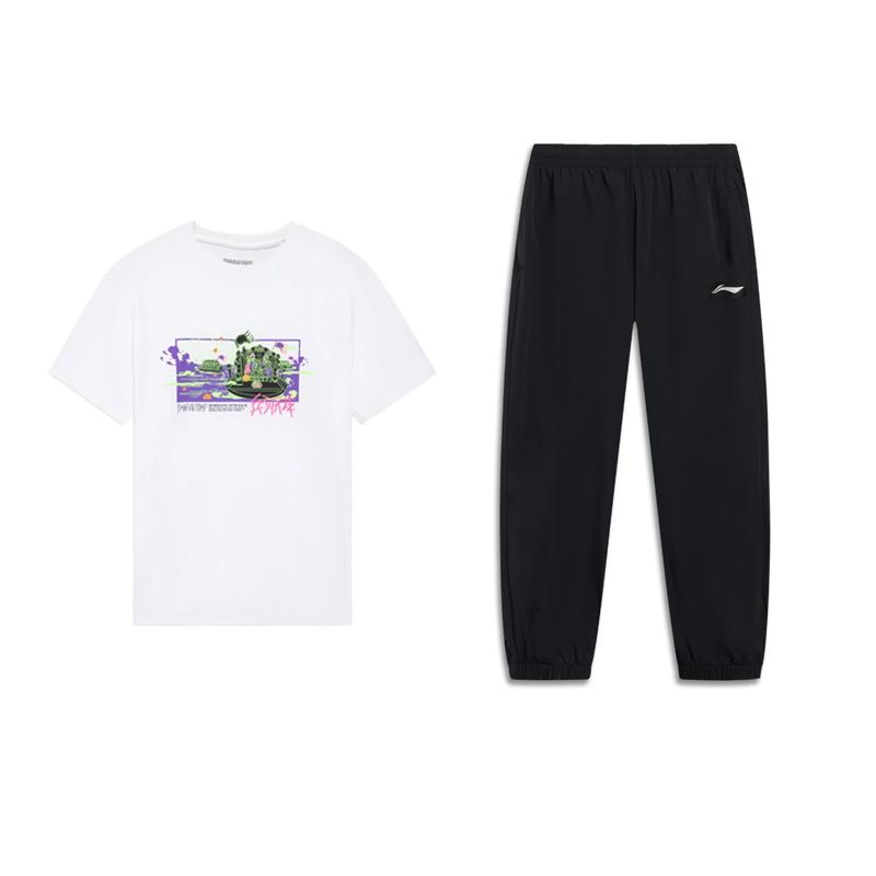 

Li Ning Спортивный стиль жизни Серия Футболка с коротким рукавом Быстросохнущие брюки Дышащий Модный Повседневный Спортивный комплект Унисекс комплекты AHSUB33-2+AYKU691-1