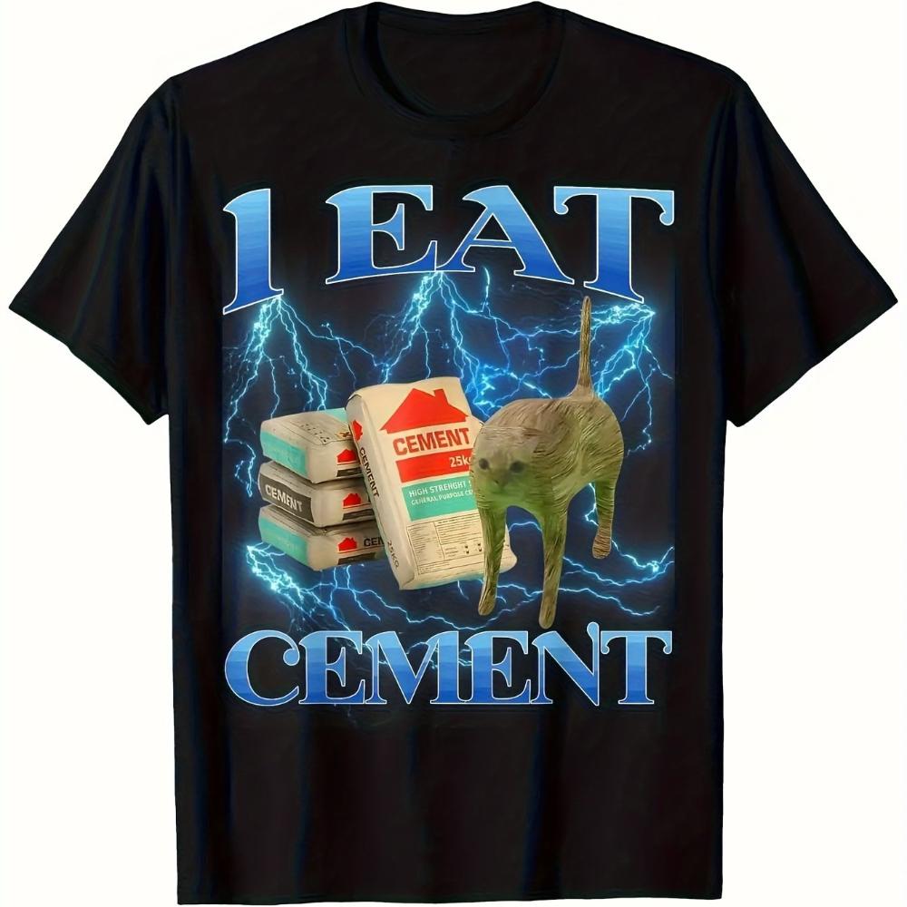 MenS I Eat Cement Graphic TShirt Fun Playful Design Cartoon Puppy Cement Patterns EyeCatching Blue Lightning Short Sleeves S
