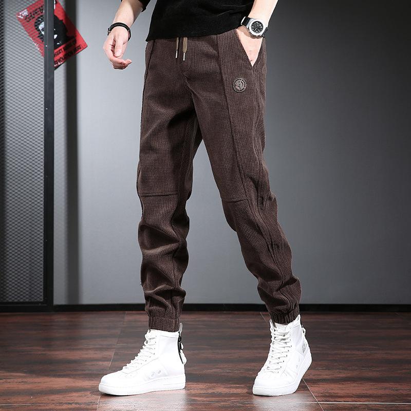 Brown casual pants men's trendy brand loose leggings spring and autumn new plaid corduroy pants men's velvet