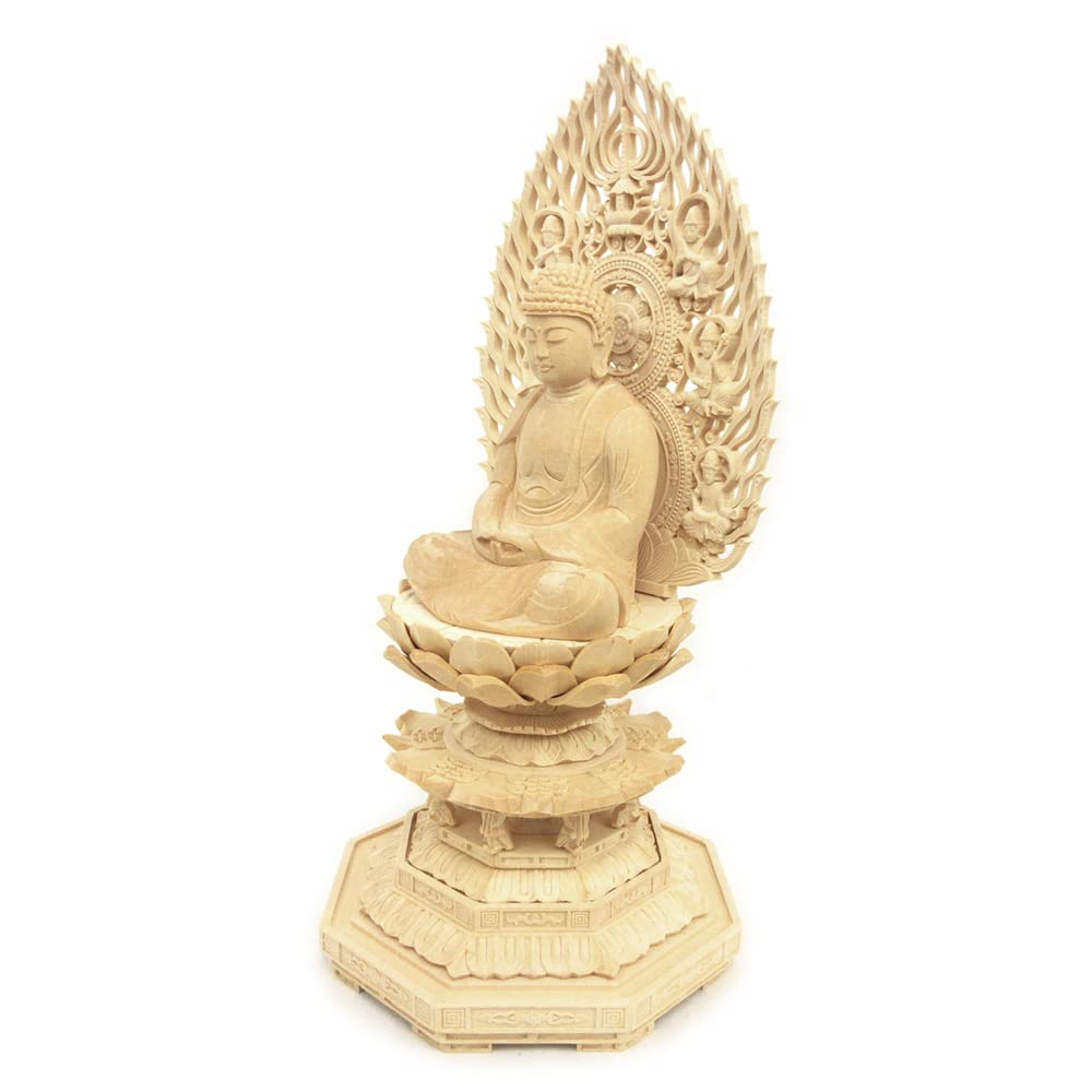 Speciální buddhistická socha Amitábha Njorai sedící socha palců výška 30 šířka 14 hloubka 14 létající nebeská svatozář osmiúhelníkový podstavec dřevořezba vyrobeno z