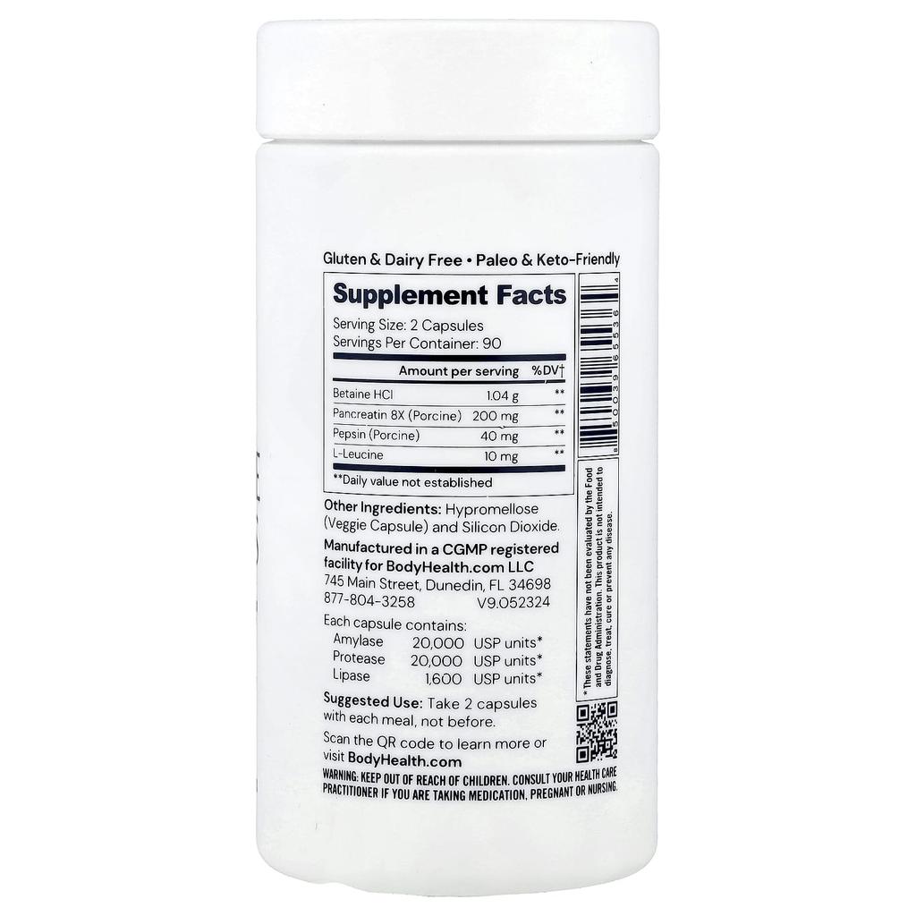 BodyHealth Digestive Enzymes with Betaine, Pancreatin, and Pepsin, 180 Capsules
