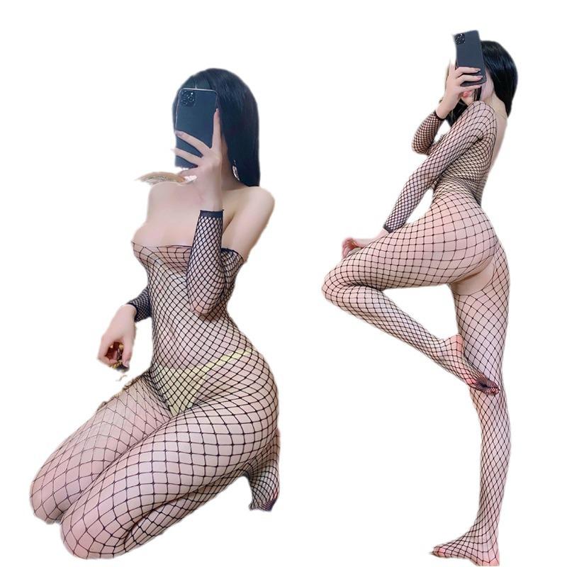 Seductive Long Sleeve Fishnet Stockings Jumpsuit - Crotchless Lingerie Temptation