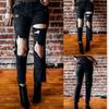 Womens High Waist Straight Cut Denim Pants With Distressed Detail Mid-Rise 9/10 Length Slim Fit Cotton Blend