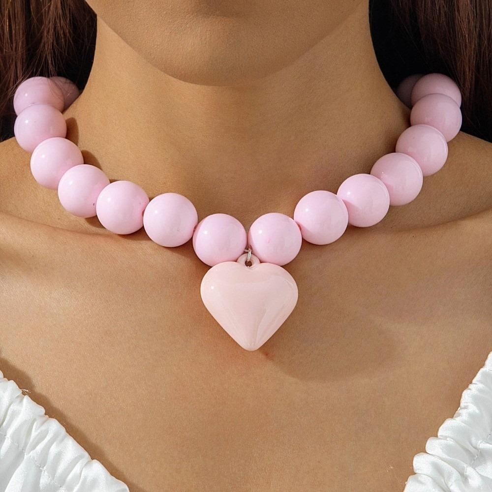 Adjustable Heart-shaped Pendant Necklace Metal Acrylic Round Bead Necklace For Women