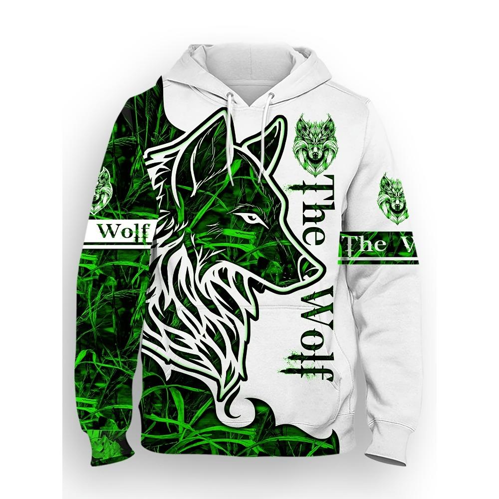 Fashionable men's autumn personalized wolf print soft and comfortable hooded sweatshirt outdoor street style clothing