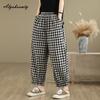 Pantaloni Harem Donna Stile Coreano Primavera Estate Vita Elastica Cotone a Quadri Sottili Pantaloni Casual Larghi Vintage Pantaloni Basic da Donna