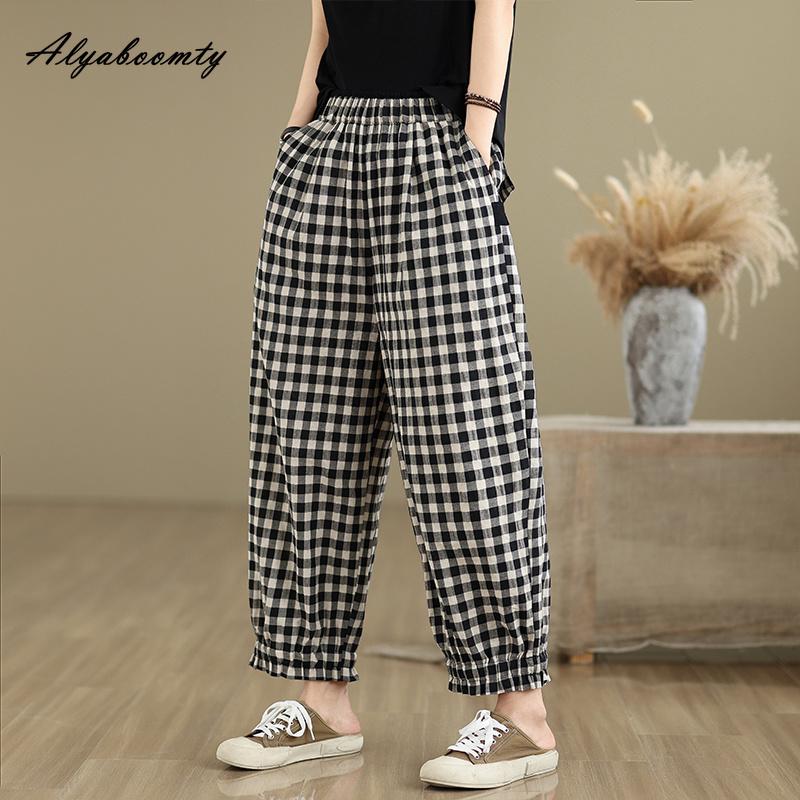 Pantaloni Harem Donna Stile Coreano Primavera Estate Vita Elastica Cotone a Quadri Sottili Pantaloni Casual Larghi Vintage Pantaloni Basic da Donna