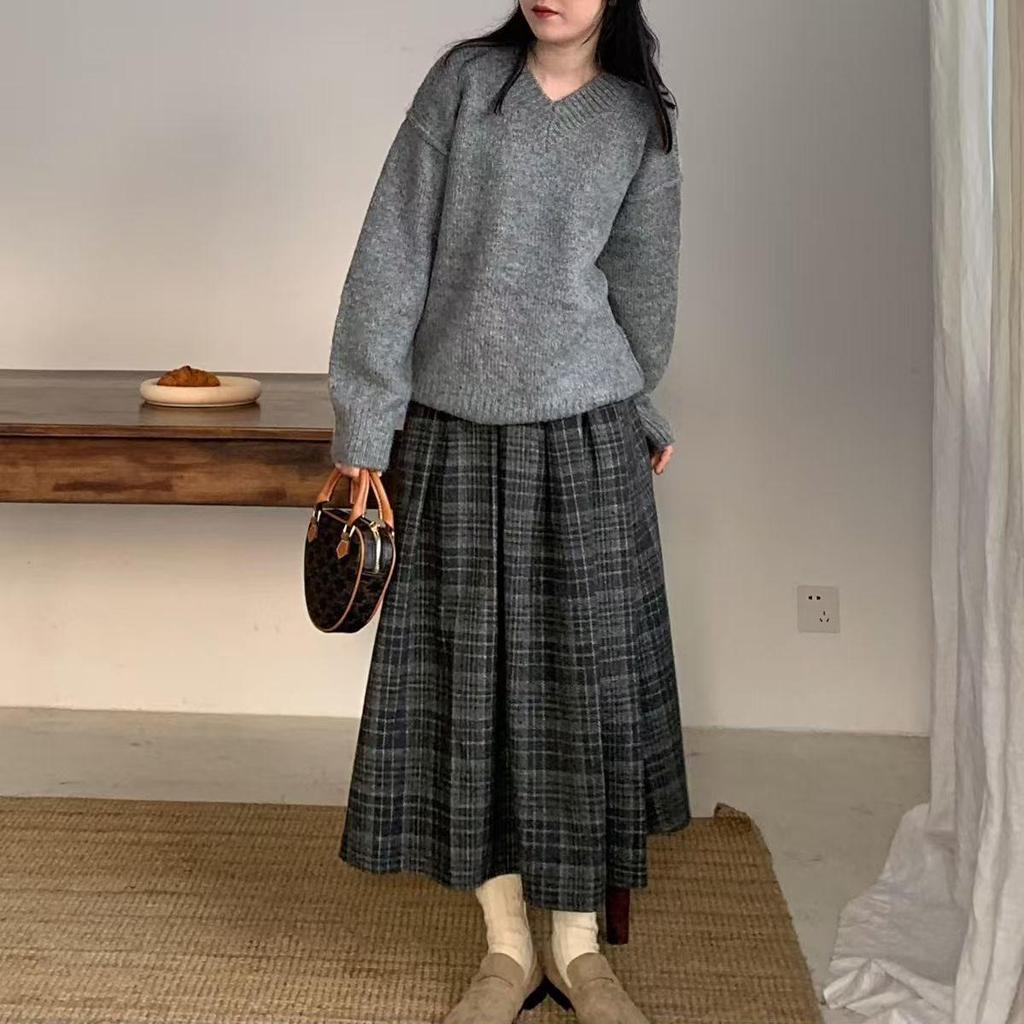Academy Retro Plaid Wool Midi Skirt: Autumn/Winter, High-Waisted, Elastic, Big Swing, Slimming Pleated Design