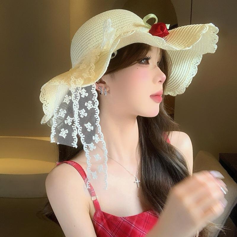 Brim Lace Sunscreen Seaside Hat Beach Sun Hat Ladies Shade Straw Hat Summer Flower Shade Hat