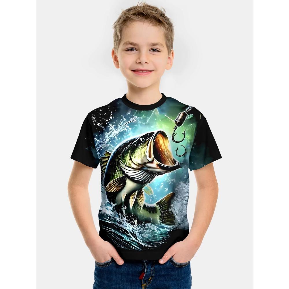 Boys' Clothing with Fish Pattern 3D Printed T-shirt, Summer New Style, Children's Fishing Shirt, Casual Short Sleeved Fashionable Street Top