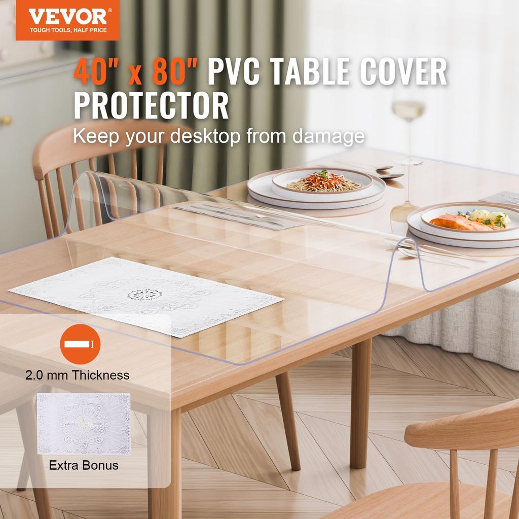 VEVOR Plastic Table Cover, 40 x 80 Inch 2.0 mm Thick Clear Table Protector, Rectangle PVC Desk Mat