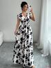 Women's Short-sleeved Tie-waist Dress,  Printed V-neck Long Dress