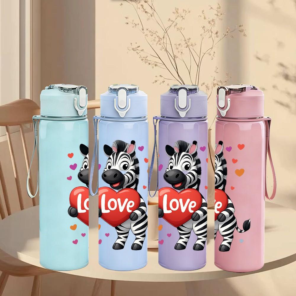 1PC Zebra Holding Red Heart 750ml Color Plastic Sports Water Bottle Leakproof Flip Straw Lid Suitable for Sports Office Home Use