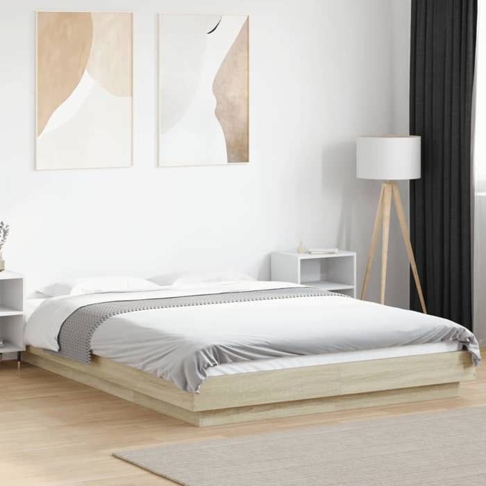 VidaXL Bed Frame with LED Lights Sonoma Oak 120x200 Cm, Bedroom Furniture, Slatted Base, Pallet Bed, Bed, 3281107