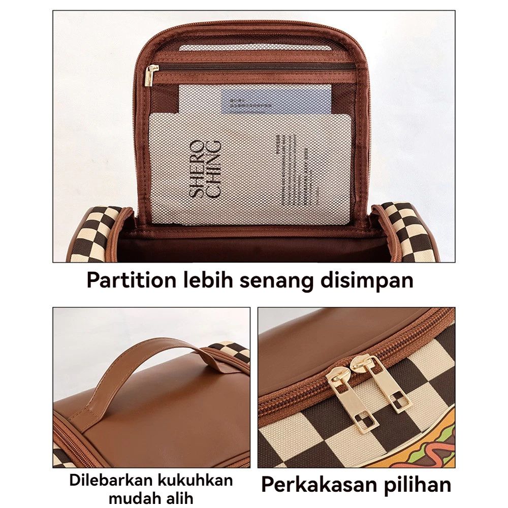 PU Leather Checkerboard Makeup Bag Hamburger Hamburger Travel Wash Bag  Outdoor
