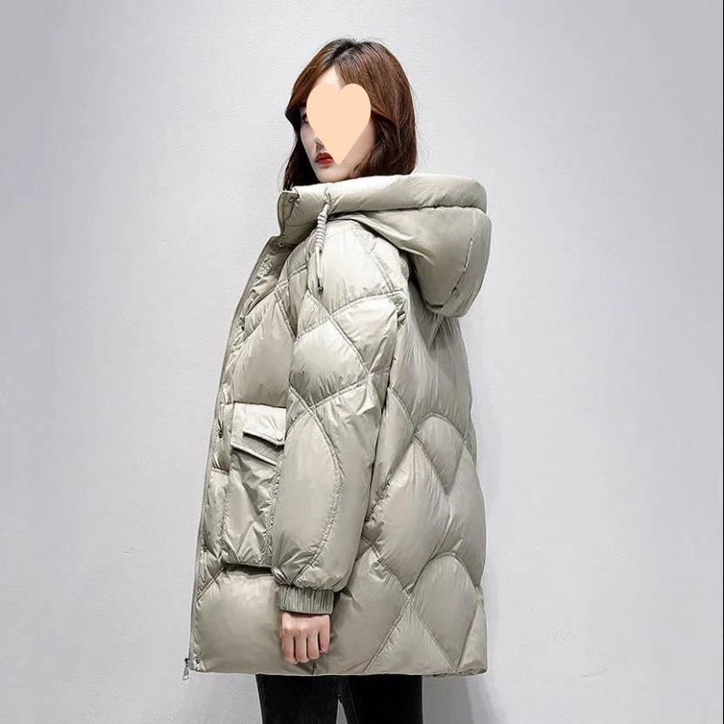 Women's Winter Thickened Plus Size Warm Jacket Loose Large Pocket Hooded Diamond Check Warm