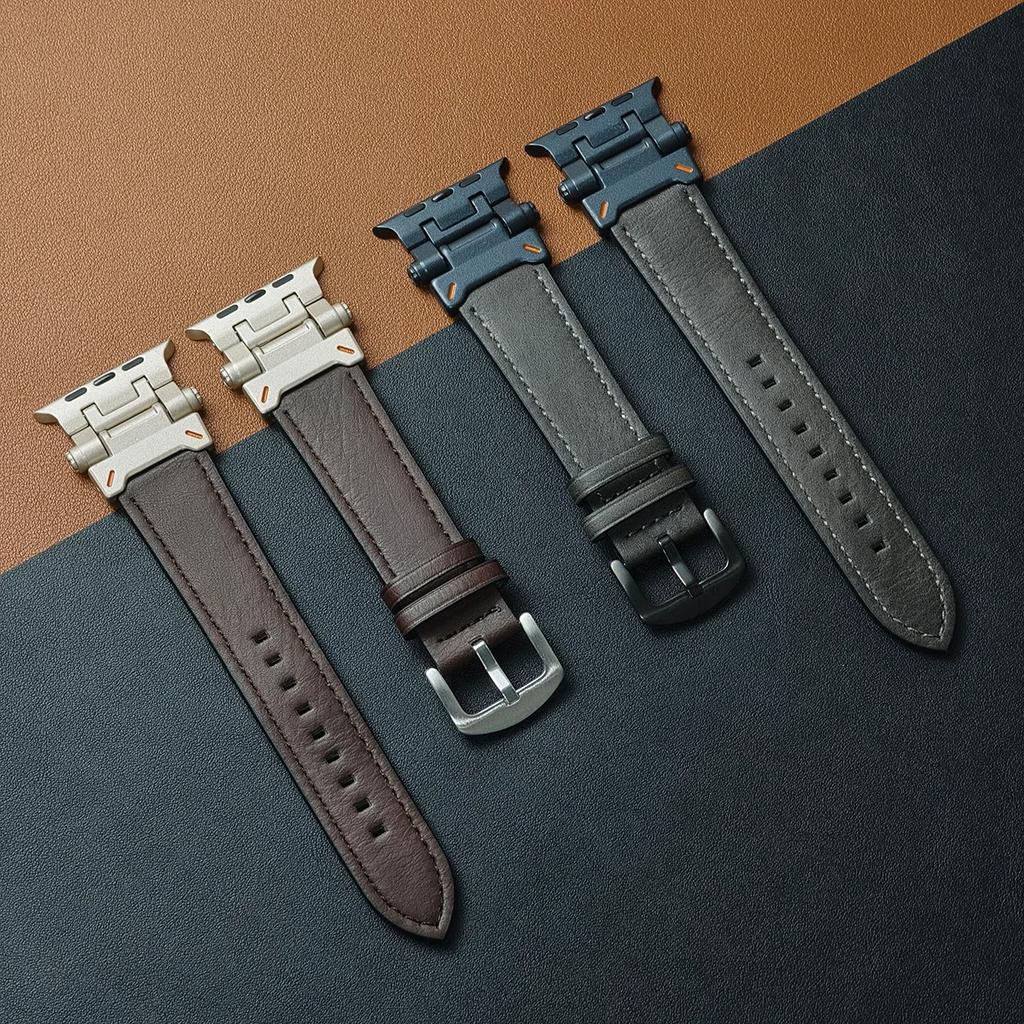 Luxury Leather Band for Apple Watch Ultra 2 49mm Men Watchband Strap Correa Bracelet for IWatch 10 46mm 9 7 8 6 5 4 Se 45mm 44mm