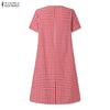 ZANZEA Women Casual V-neck Summer Grid Print Short Sleeve Dress