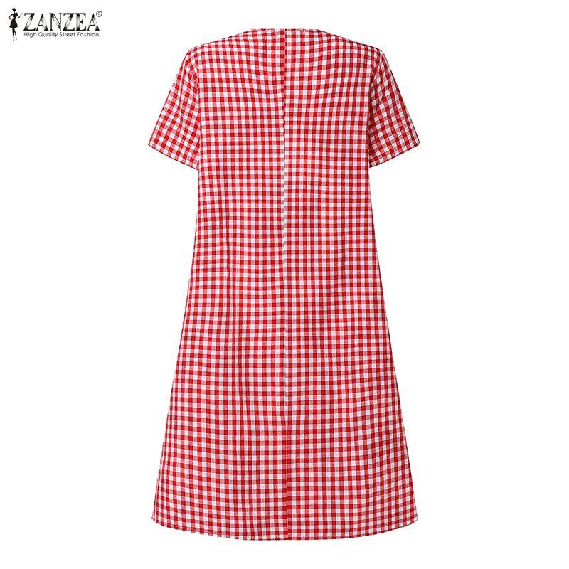 ZANZEA Women Casual V-neck Summer Grid Print Short Sleeve Dress