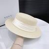 Elegant French-Style Women's Sun Hat | Natural Straw Woven with Pearl Accents | Flat Top Design for UV Protection Beach Hat