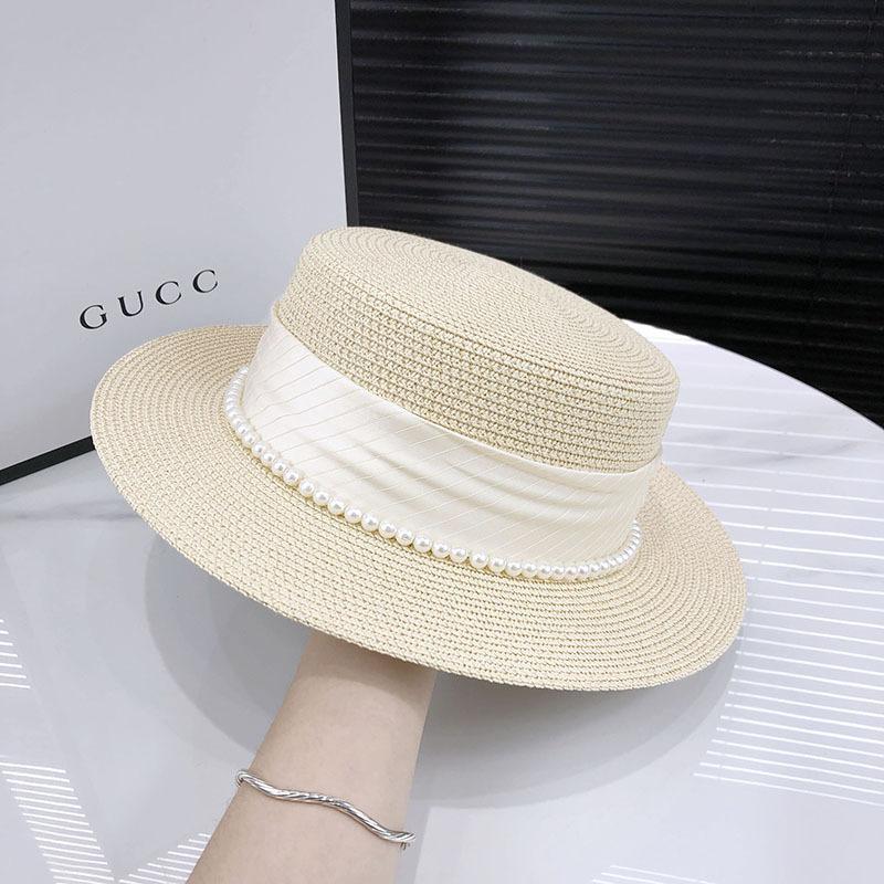 Elegant French-Style Women's Sun Hat | Natural Straw Woven with Pearl Accents | Flat Top Design for UV Protection Beach Hat