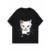 Women's Vintage Cartoon Cat Printed Black Short-Sleeve T-Shirt
