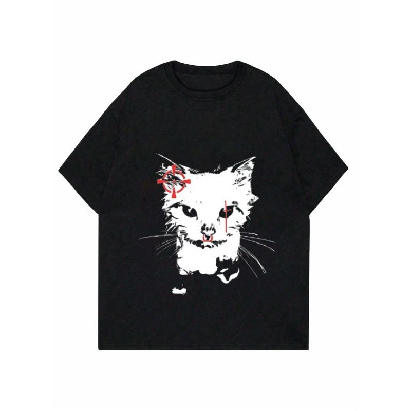 Women's Vintage Cartoon Cat Printed Black Short-Sleeve T-Shirt