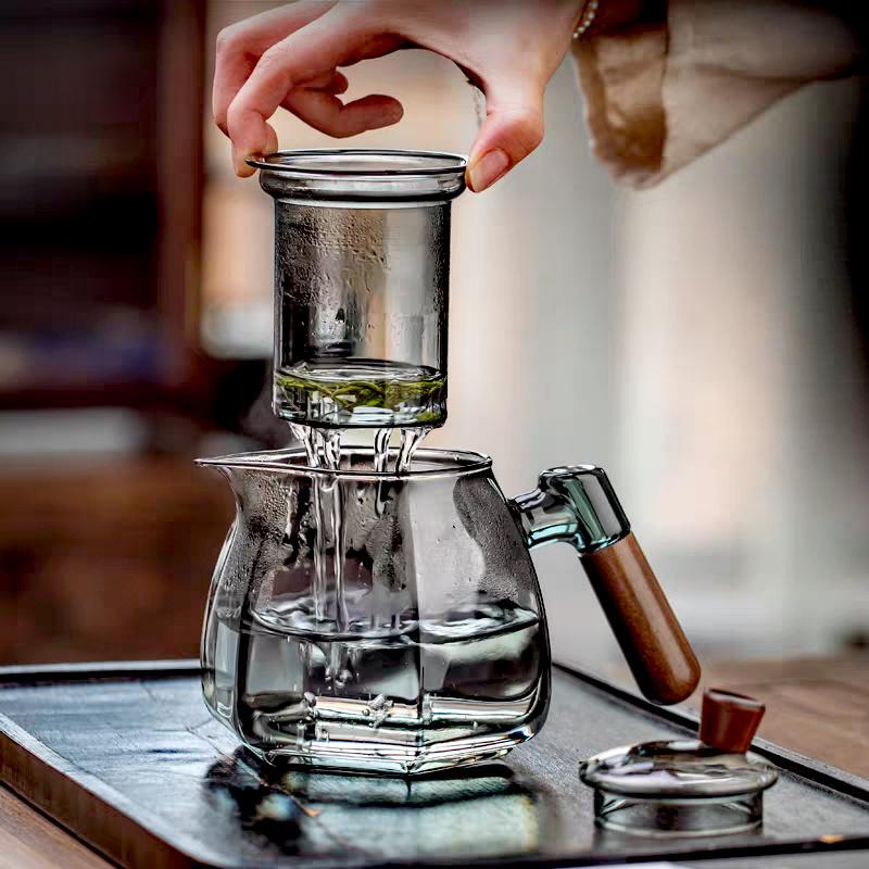 600ml Wooden Handle Hexagonal Glass Teapot with Tea Infsuer Houshold Brewing Tea Pot Tea Ceremony Tea Maker Teaware
