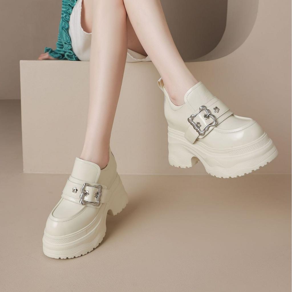 12cm Inner Height Increase Leather Women's Shoes Thick-soled Thin Loafers 2025 New Round Head Waterproof Table Muffin Sole Single Shoes