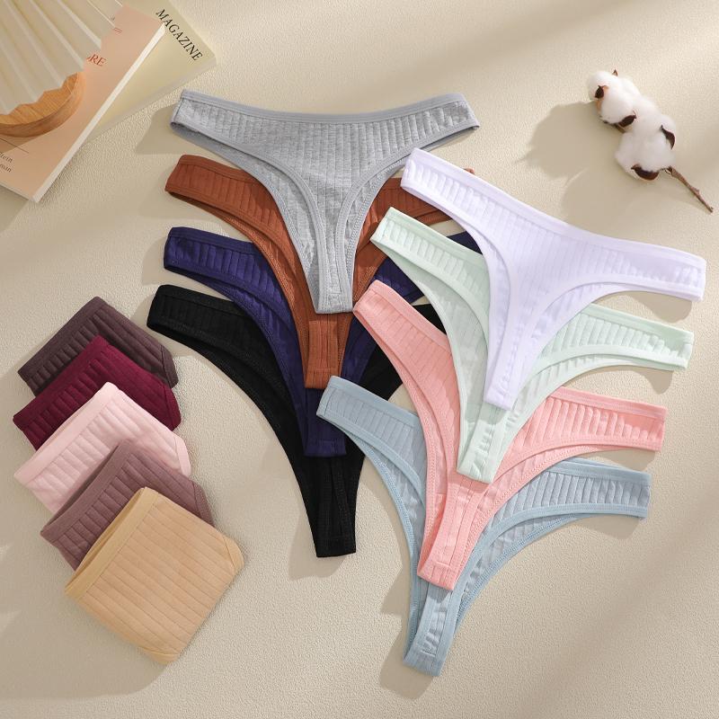FINETOO 4Pcs/Set Cotton Ribbed Thongs For Women Seamless Solid Color High Quality Underwear Ladies Cozy Breathable Sexy G-String