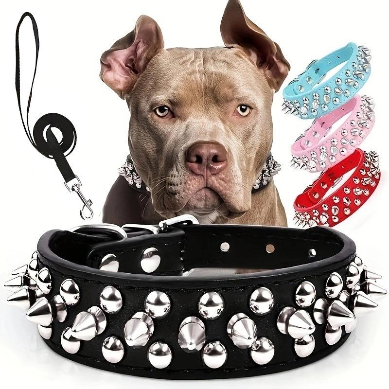 Collar para Perro Anti-mordida con Remaches Adecuado para Perros Medianos y Grandes Correa de Cuero PU Engrosada Juego de Anillo para el Cuello