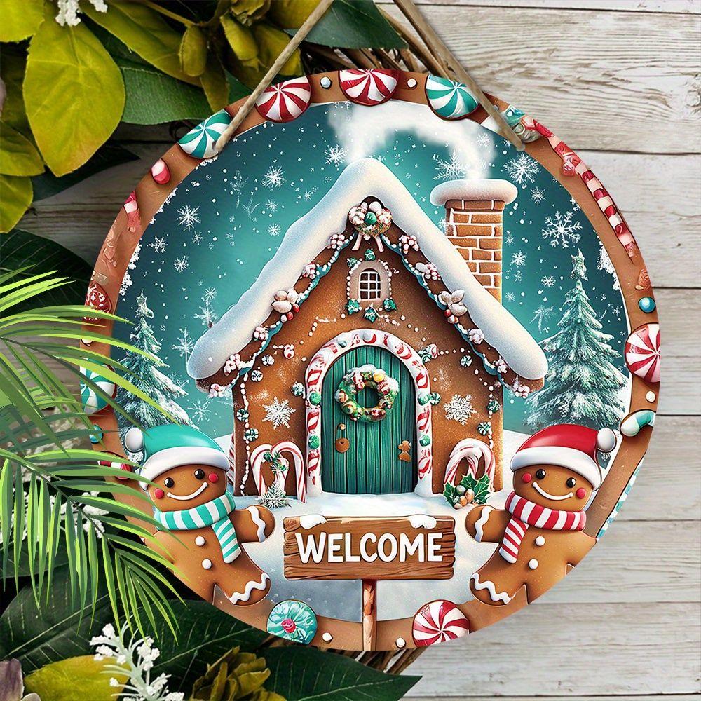 Christmas Gingerbread House Welcome Round Wooden Hanging Sign, 2D Flat Printed Wall Door Ornament, Xmas Home Holiday Decor Gift
