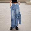 Jeans da Donna 2026 Primavera Autunno Ultimi Patchwork Lavati e Sbiaditi Pantaloni a Gamba Larga con Fiocco Vita Alta e Design Modellante
