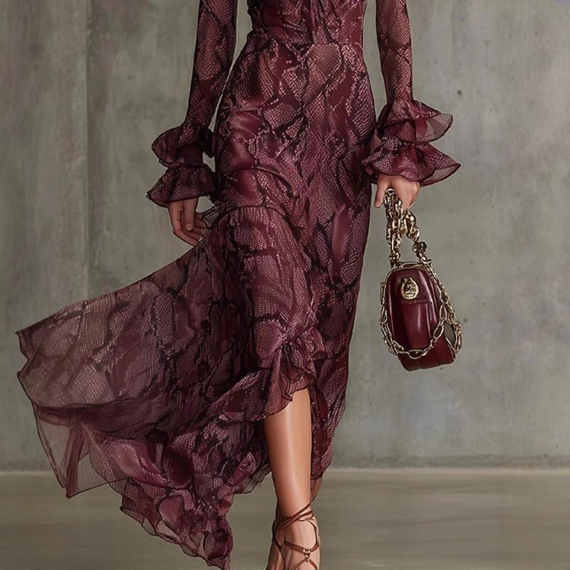 2 Women's Clothing, Flared Sleeve Tether V-Neck Dress Long Sleeve Dress Long Dress
